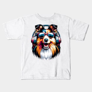 Smiling Shetland Sheepdog DJ Delights in Japanese Art Kids T-Shirt